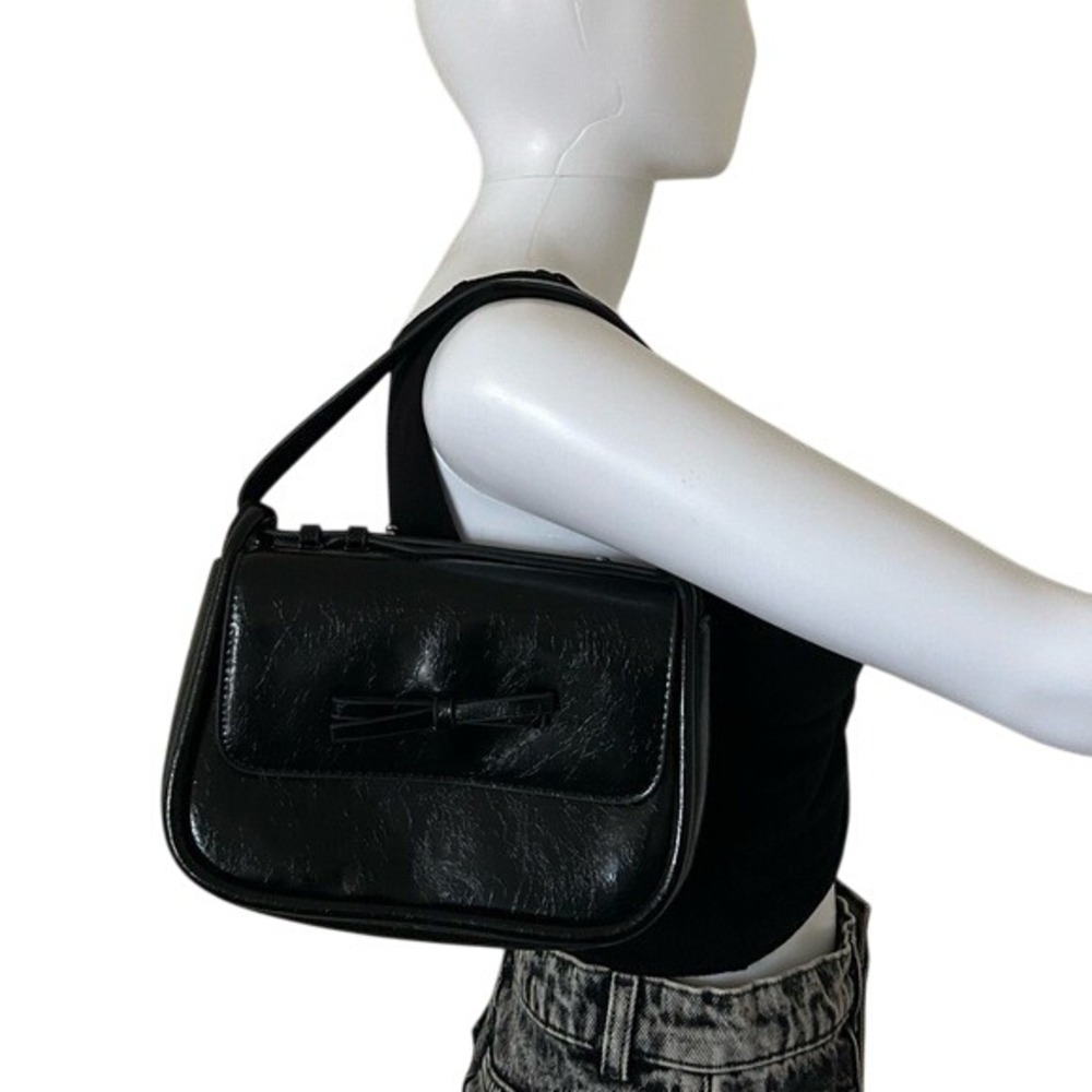 Black Waxy Shiny Patent Cracked Vegan Leather Purse Bag With Bow Detail